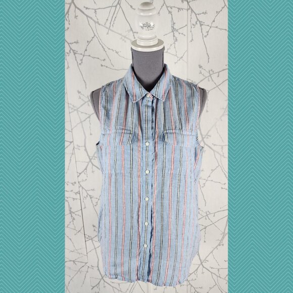 Core Life Blue Striped 100% Linen Button Front Tank - Picture 1 of 4